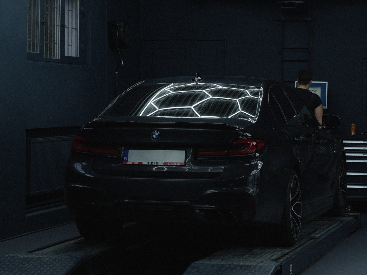 BMW on the wheel alignment stand at Pulsecar workshop