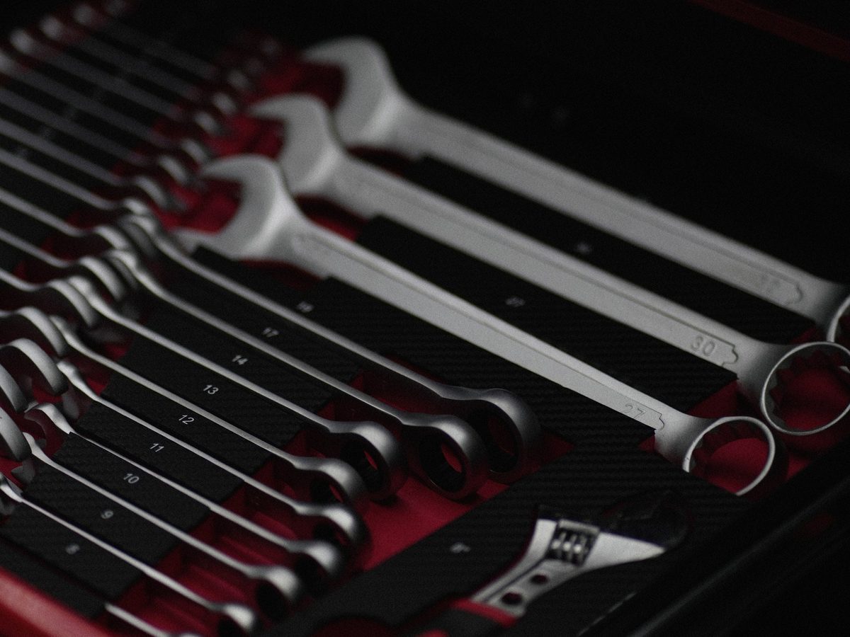 Wrench set in a Pulsecar tool cabinet