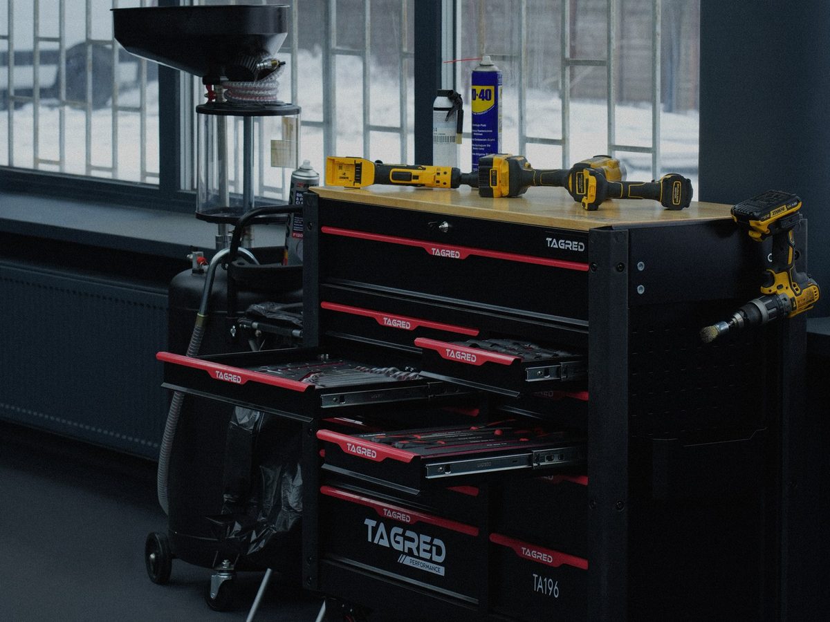 Tool cabinet by the window at Pulsecar workshop